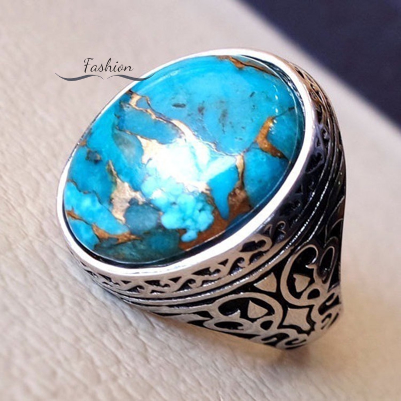 Nhẫn bạc trang trí đính đá Turquoise khắc họa tiết kiểu cổ điển thời trang cho nam và nữ