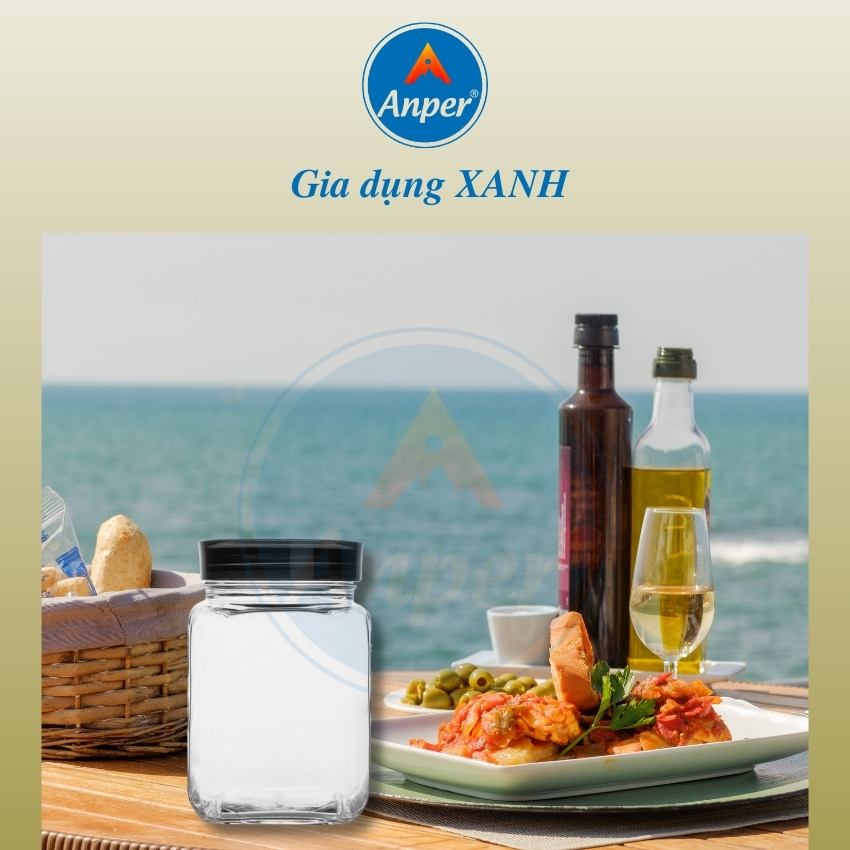 Hũ Thủy Tinh Anper 1.2L Vuông Có Nắp Cao Cấp Sang Trọng, Hộp Thủy Tinh Đựng Thực Phẩm Nắp Kín.