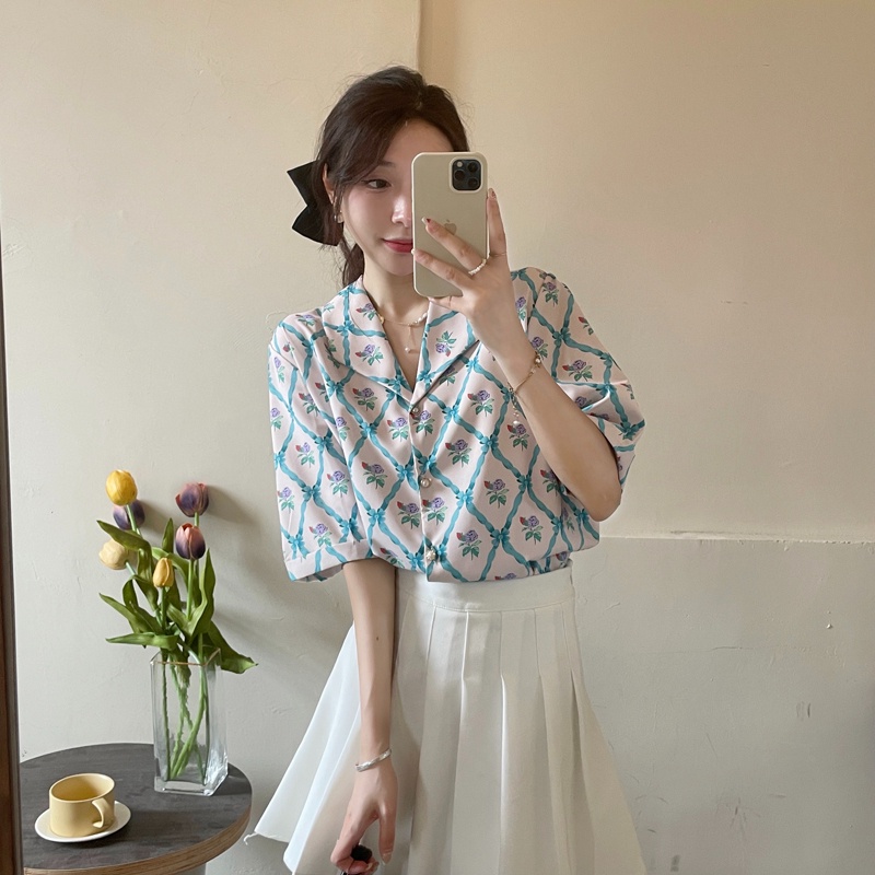 Áo sơ mi ZHELIHANGFEI ngắn tay cổ bẻ họa tiết hoa phong cách sang trọng dễ phối đồ