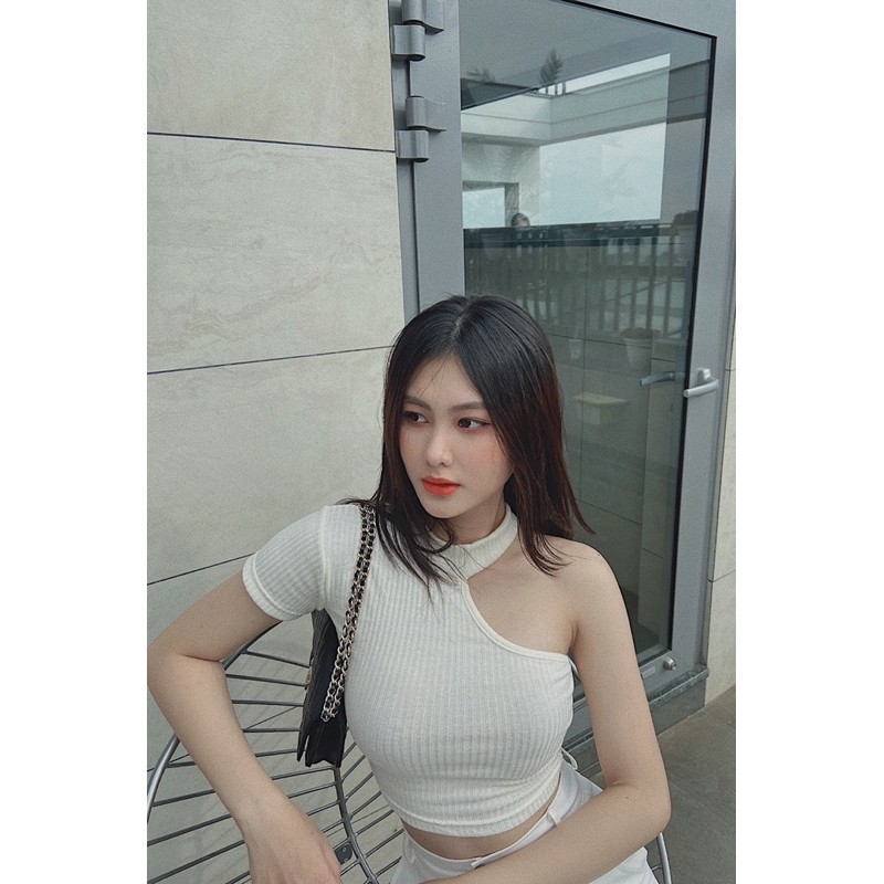 Áo croptop HHVINTAGE tay ngắn cổ rời thun gân co dãn không nhăn