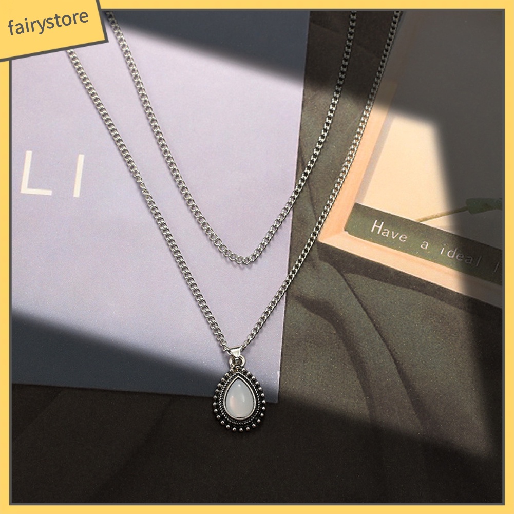 Dây chuyền thời trang hai lớp mặt đá opal hình giọt nước phong cách cổ điển sang trọng