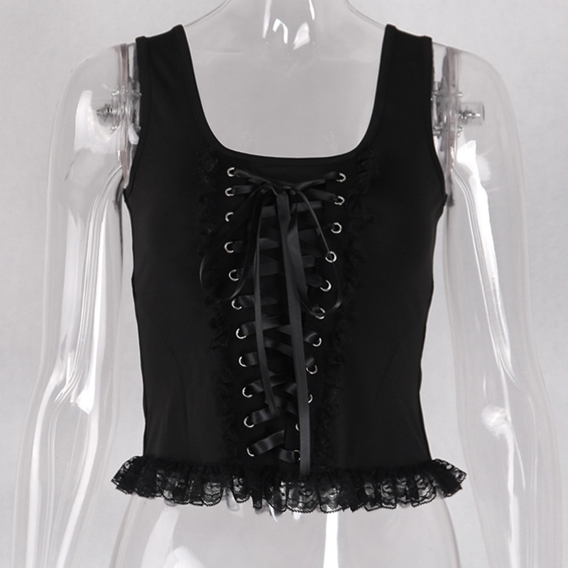 Brroa Áo Croptop Sát Nách Cổ Vuông Viền Ren Phối Dây Kéo Sau Lưng Phong Cách Gothic Quyến Rũ Cho Nữ