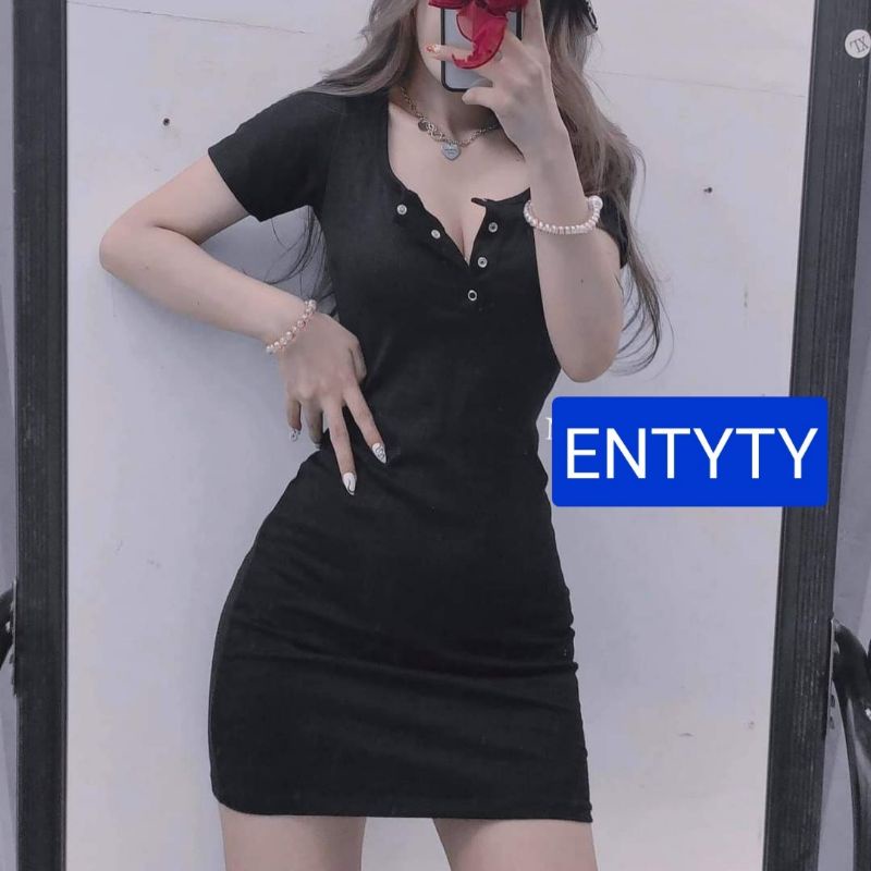 Đầm ôm body cúc bấm tay ngắn sexy thun gân co giãn