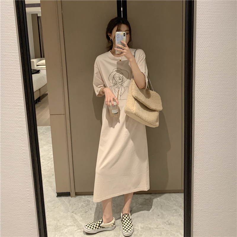 Đầm midi tay ngắn in họa tiết chân dung thời trang trẻ trung cho nữ