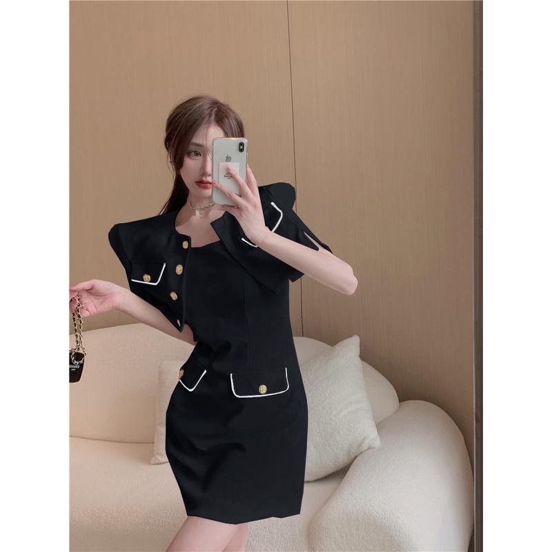 Bộ Áo Khoác Ngắn + Đầm Hai Dây Ôm Dáng Phong Cách Hàn Quốc Thời Trang Mùa Hè Dành Cho Nữ