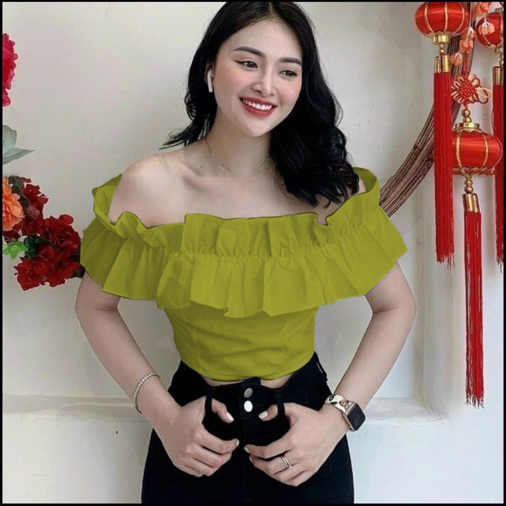 Áo trễ vai Fmstyle shop phối bèo màu sắc trendy, Áo trễ vai croptop tiểu thư dễ thương 204140058