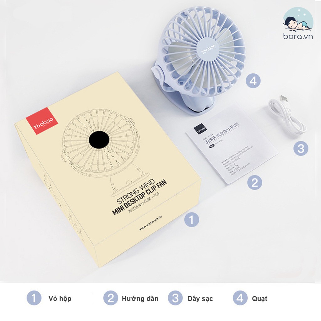 Quạt tích điện Yoobao F04 xoay 720 độ [Pin dùng 32h, đế kẹp đa năng, bảo hành 12 tháng] | BigBuy360 - bigbuy360.vn