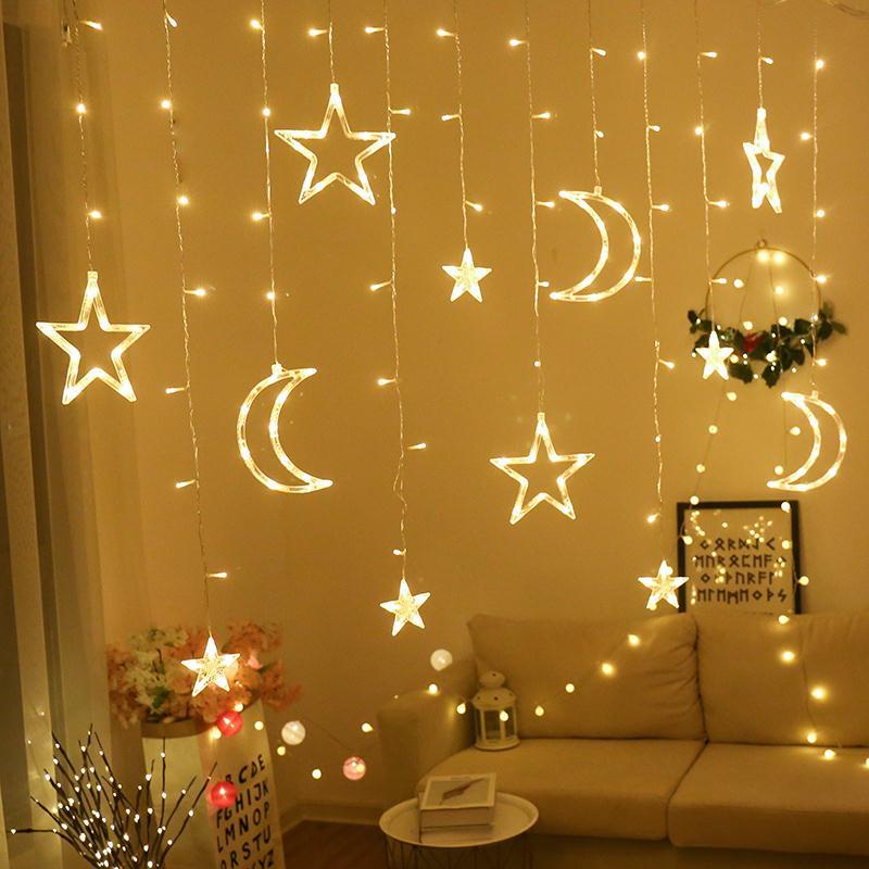 Dây Đèn LED Trang Trí Thả Rèm Hình Ngôi Sao Và Mặt Trăng Siêu Lung Linh