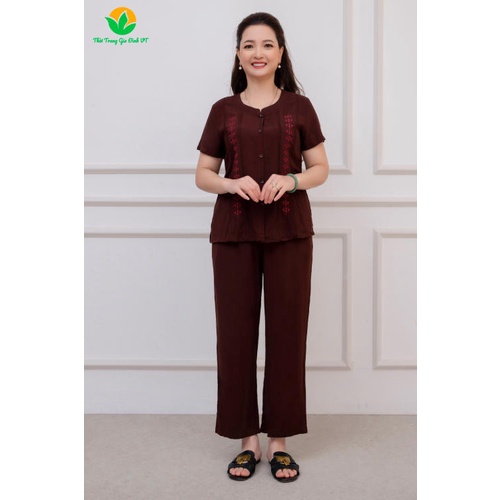 Bộ lanh quần dài áo cộc tay khuy trước B28.2201- Thời trang gia đình VT