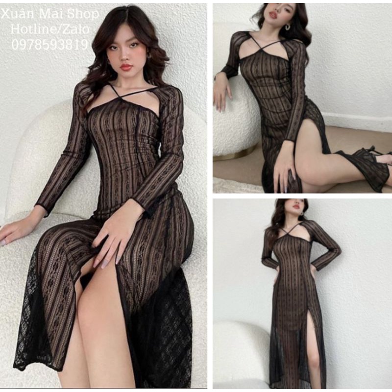 [Mã 44FASHIONSALE80 giảm 10K đơn 50K] [FREESHIP] Đầm midi thiết kế xẻ tà cổ yếm ren nổi siêu xinh hot tóp tóp | BigBuy360 - bigbuy360.vn
