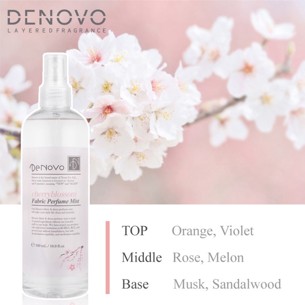 Nước xịt thơm quần áo Hàn Quốc DENOVO hương Cherry Blossom . Mùi hương đẳng cấp , tinh tế và quý phái
