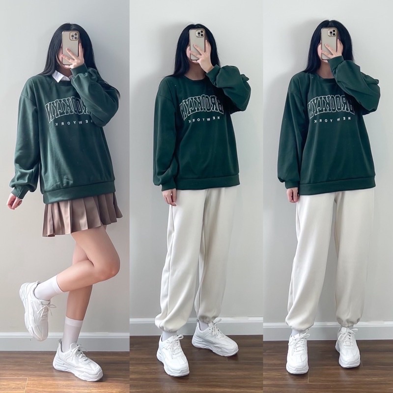 Áo Sweater chữ Ngực Màu xanh, Áo Nỉ Nữ BROOKLYN Cổ Tròn Form Rộng Tay Phồng Siêu xinh | BigBuy360 - bigbuy360.vn