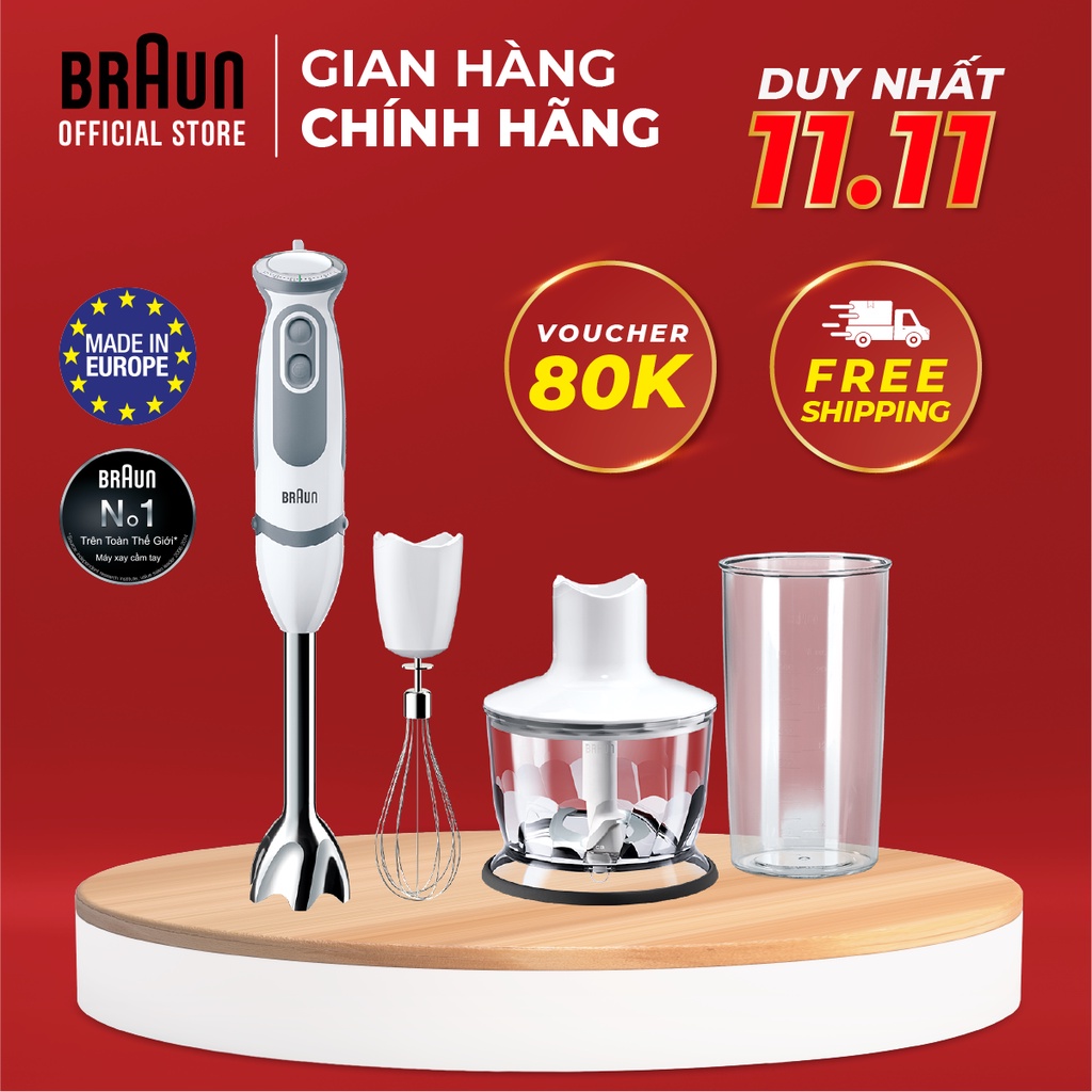Máy xay cầm tay Braun MQ5235 Sản xuất 100% tại Châu Âu Số 1 thế giới, Công suất 1000w, chống văng độc quyền, xay nhanh.