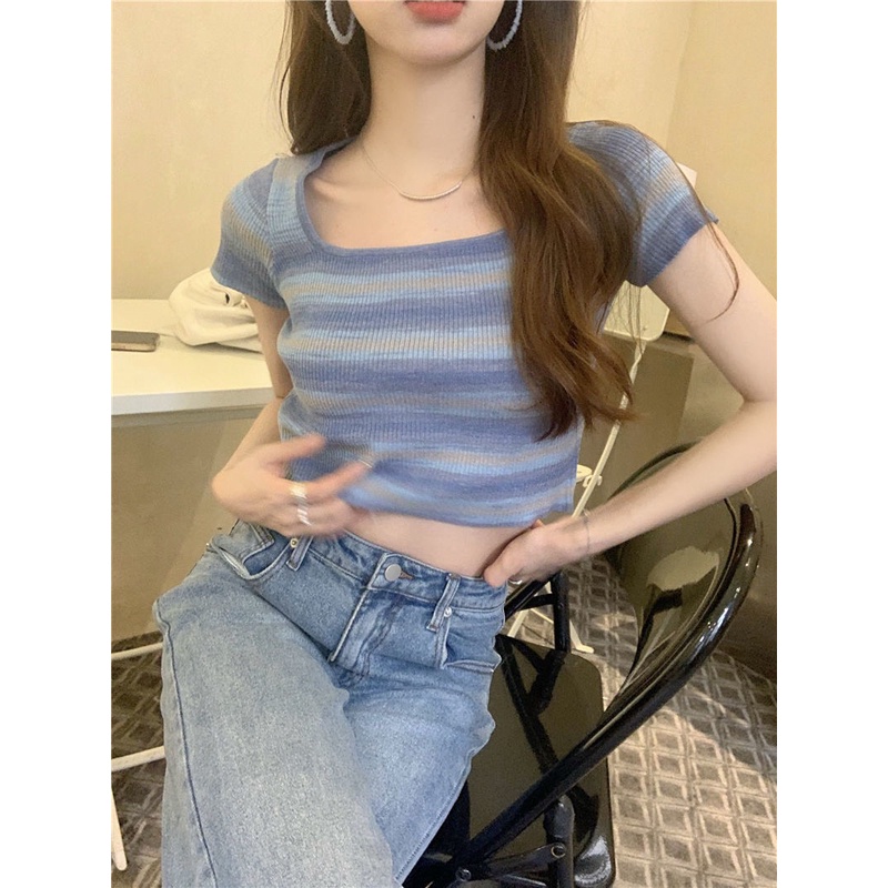 Áo thun len cầu vồng croptop cổ chữ U hottrend 2023 thiết kế mới nhất phong cách  uzzang Hàn Quốc
