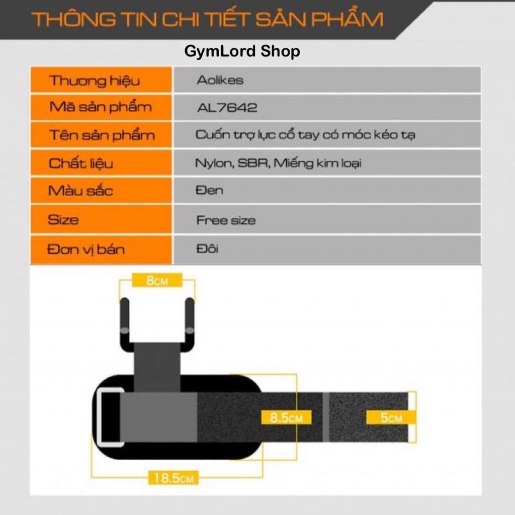 Quấn cổ tay có móc thép trợ lực nâng đẩy tạ, kéo xà, kéo xô, Deadlift...chính hãng Aolikes HS-7642