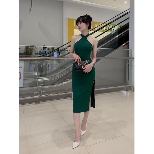 Đầm body cổ yếm gân xẻ tà 2 màu xanh - đen