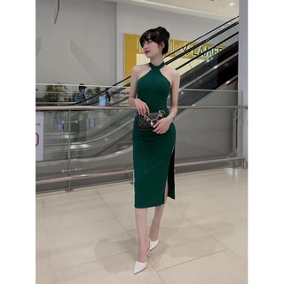 Đầm body cổ yếm gân xẻ tà 2 màu xanh - đen