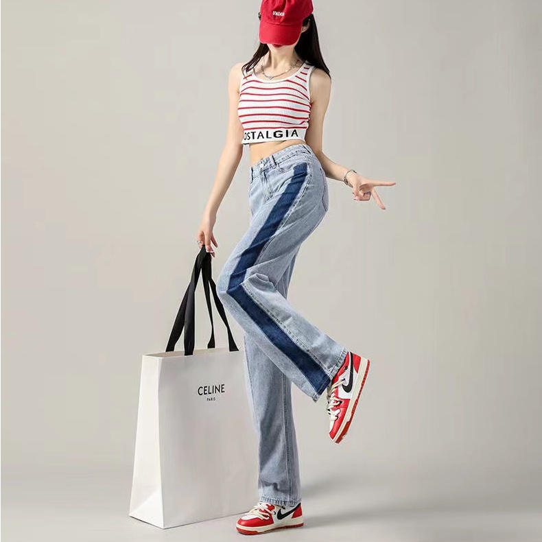 Quần jean SUXI lưng cao ống rộng màu sắc tương phản dễ phối đồ thời trang mùa hè cho nữ
