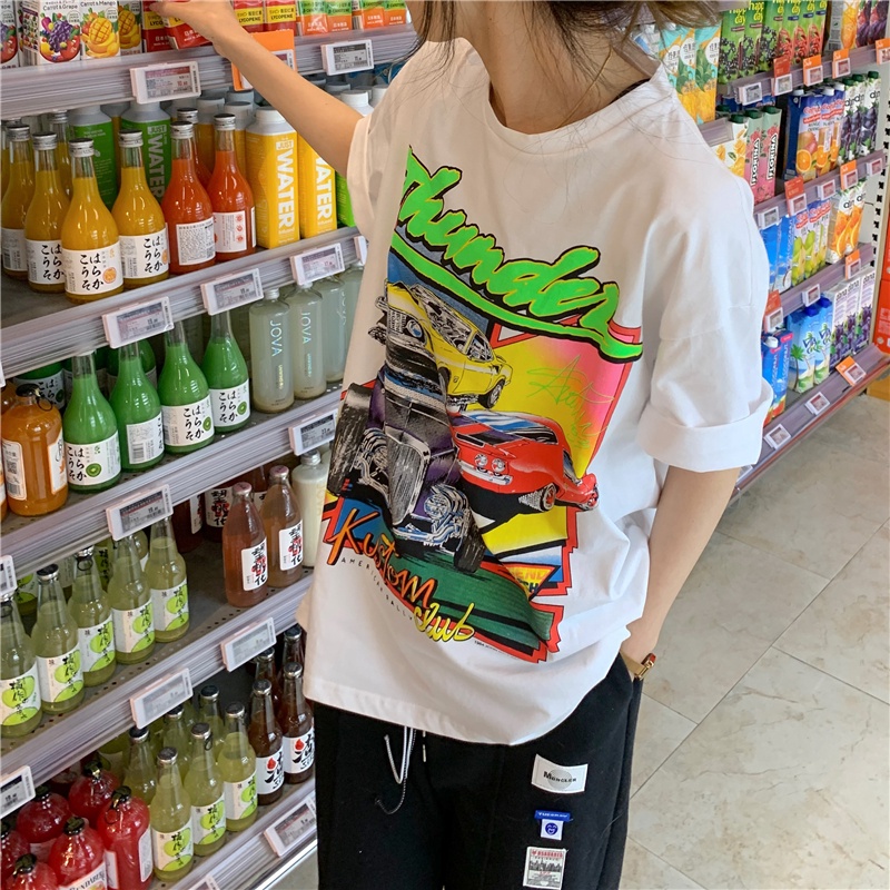 Áo Thun Tay Ngắn Cổ Tròn Dáng Rộng In Hình Xe Hơi Phong Cách Cổ Điển Thời Trang Mùa Hè Mới Cho Nữ