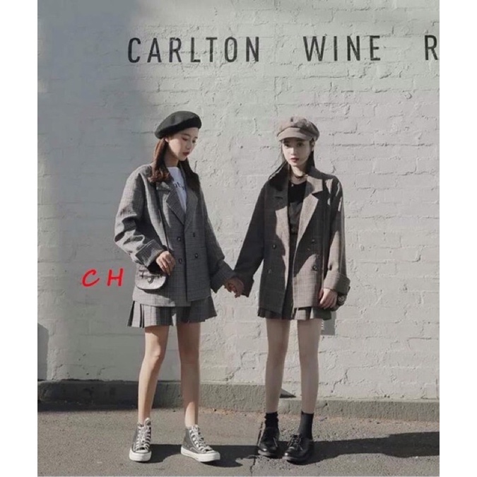 Sét vest váy xếp ly kẻ có ảnh thật spÁo khoác kẻ có cúc mix chân váy kẻ 2 lớpbên trong có quần, chân váy có khoá hông