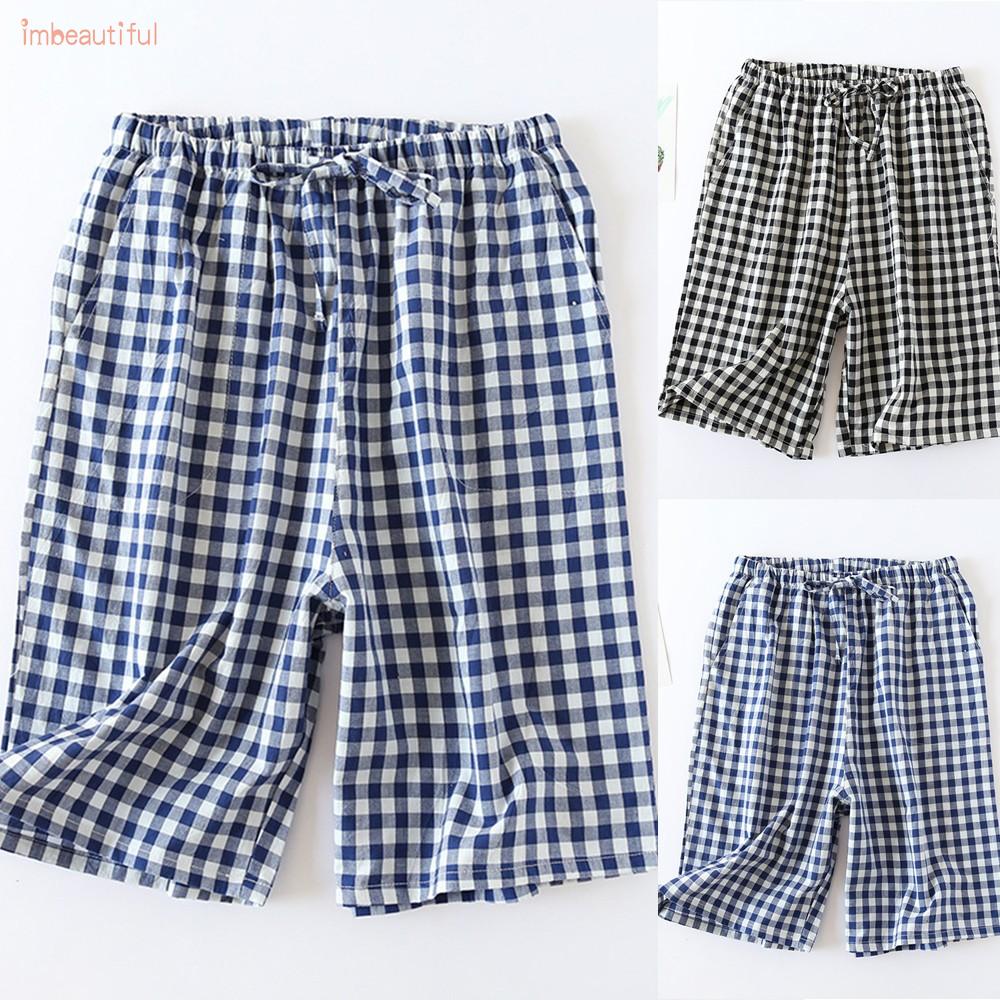 Pants Men Plaid Short Pants Stretch Summer Bottoms Cotton Elastic Waist