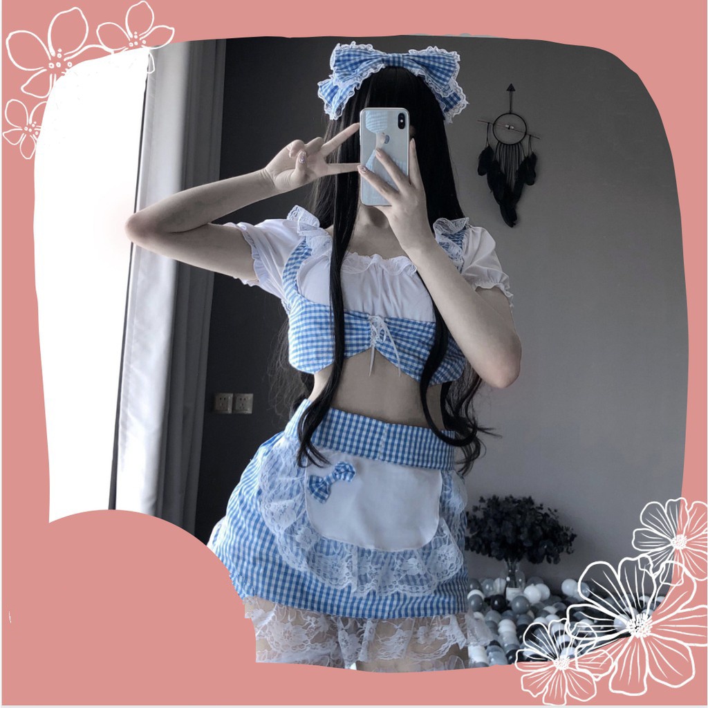 Bộ Đồ Ngủ Cosplay Hầu Gái Nơ Kẻ Xanh 1254