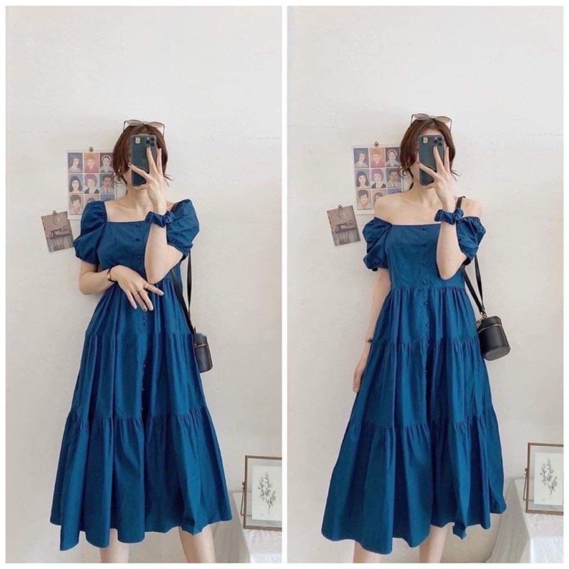 Đầm bầu váy bầu cổ vuông MAMADRESS thiết kế sành điệu mặc được hai kiểu cho mẹ bầu đi dạo đi tiệc đi làm xinh đẹp