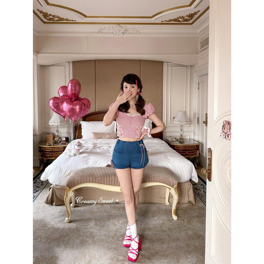 Áo Kiểu Tay Phồng Cổ Chữ V Phối Ren Dáng Ôm Sọc Ca Rô Thời Trang Pháp Xinh Xắn Cho Nữ