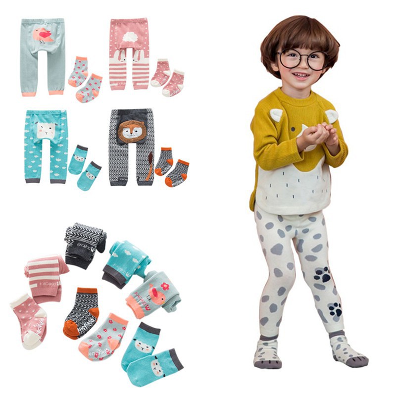 Bộ quần legging cotton in họa tiết hoạt hình + vớ cho bé trai/gái