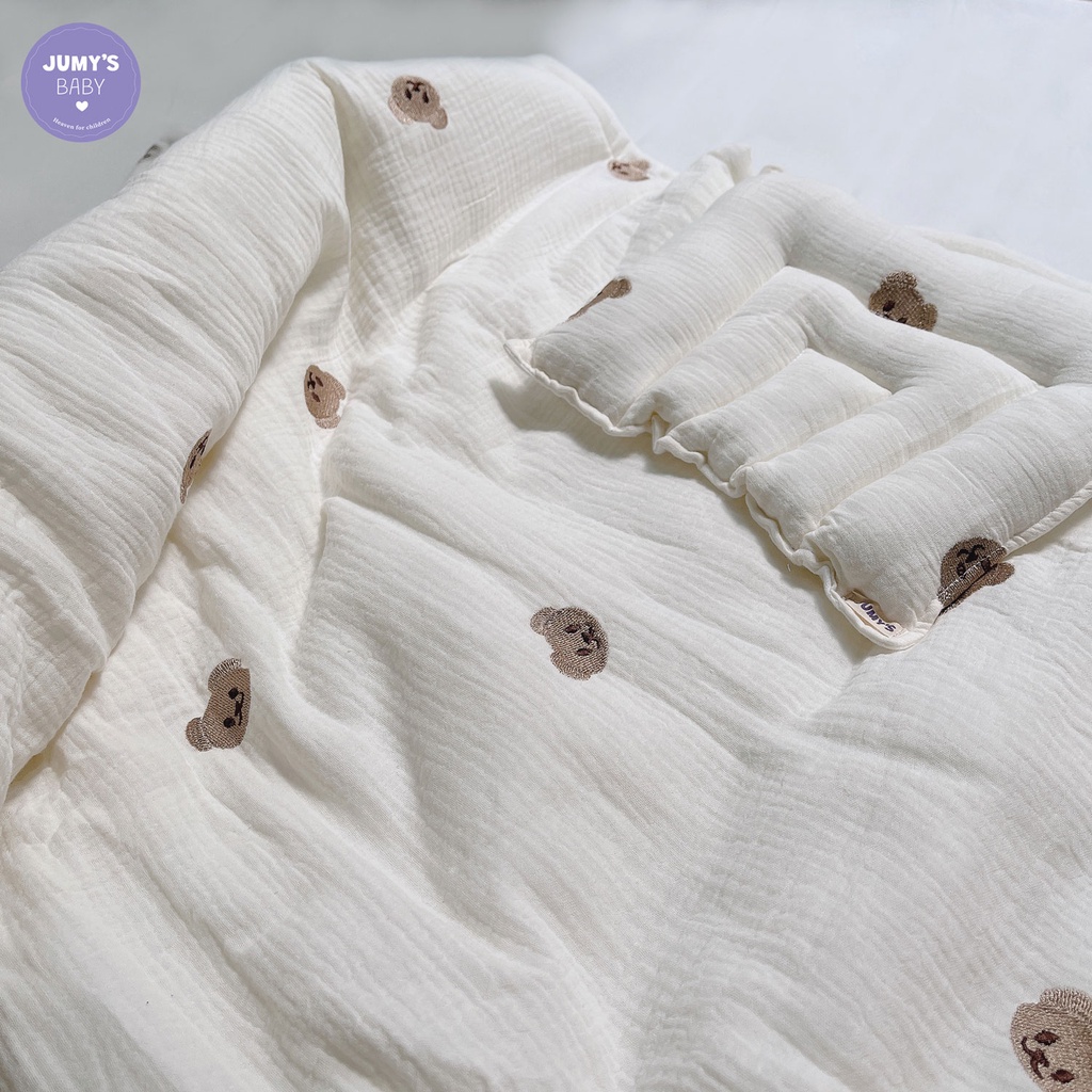 Set chăn gối cho bé vải xô muslin cao cấp organic dễ thương, gòn tơ kháng khuẩn, an toàn, thân thiện với làn da của trẻ