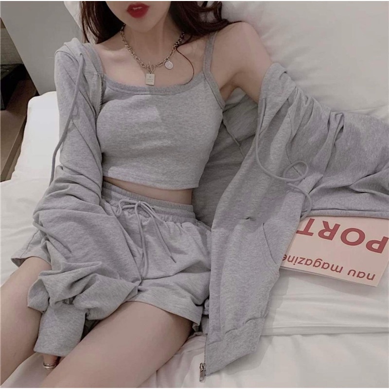 Set Thể Thao 3 Món Hoodie Áo 2 dây Nữ Quần sooc 🌸 Set áo jacket thun ôm Ulzzang 🌸
