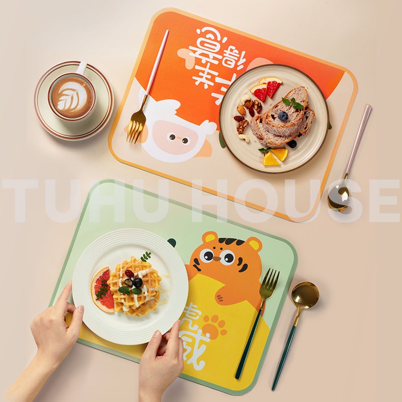Tấm lót bàn ăn bằng da PU cách nhiệt, tấm thảm da trải bàn ăn hoạt hình chống trơn trượt – TUHUHOUSE