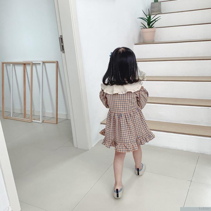 Đầm công chúa tay phồng bằng vải cotton họa tiết kẻ sọc có nút cài thời trang cho bé gái 0-6 tuổi