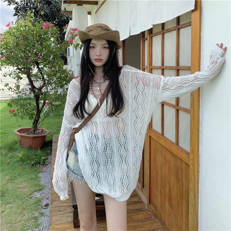 [Hana And Alice] Áo Dệt Kim Tay Dài Dáng Rộng Chống Nắng Thời Trang Đi Biển Trẻ Trung