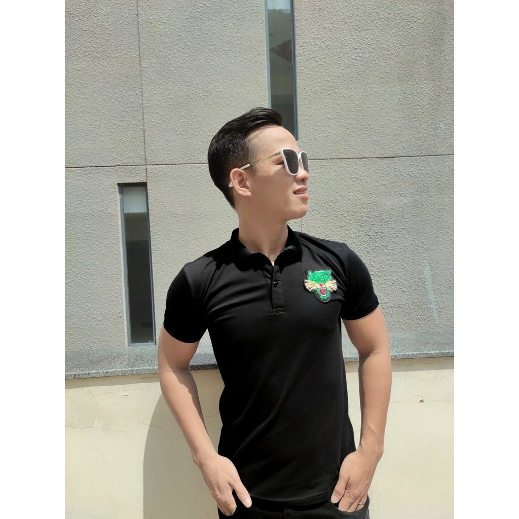 [CÓ VIDEO] Áo thun nam đính kim sa thêu hổ XXV có cổ tay ngắn vải đẹp co dãn foom dáng body 2 màu trắng đen cao cấp | BigBuy360 - bigbuy360.vn