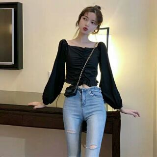 Áo Sơ Mi Cổ Vuông Croptop [ Có ảnh thật order 5 - 7 ngày ]