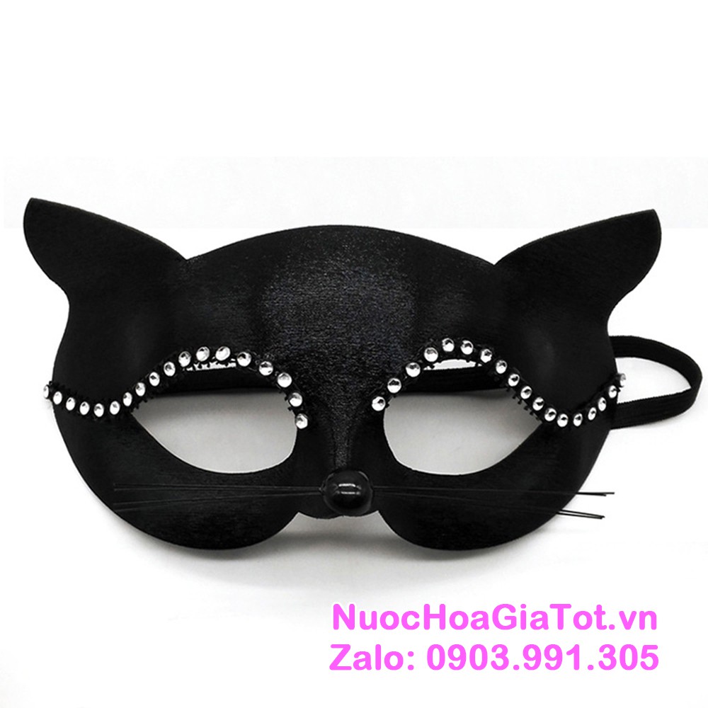Mặt nạ mèo đen đính hạt vải satin đen sang trọng phụ hiện hóa trang Halloween 2020