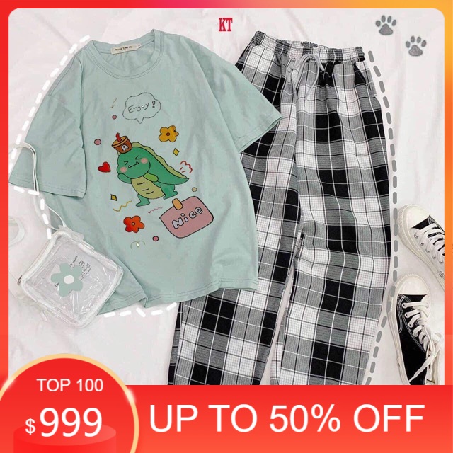 Sét áo enjoy ngắn tay +quần kẻ KT12 , áo thun nam nữ, quần khaki - FANI MODY