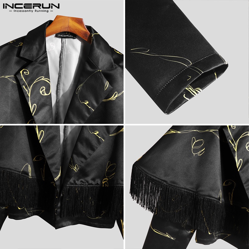 Áo khoác blazer INCERUN tay dài in họa tiết phối tua rua phong cách vintage cá tính cho nam