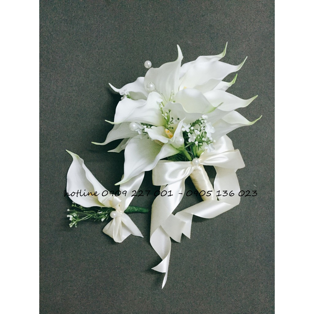 [Nowship] - Hoa cưới cầm tay cô dâu lụa Calla Lily hoa cưới Rum điểm hoa baby và hạt châu kết cườm
