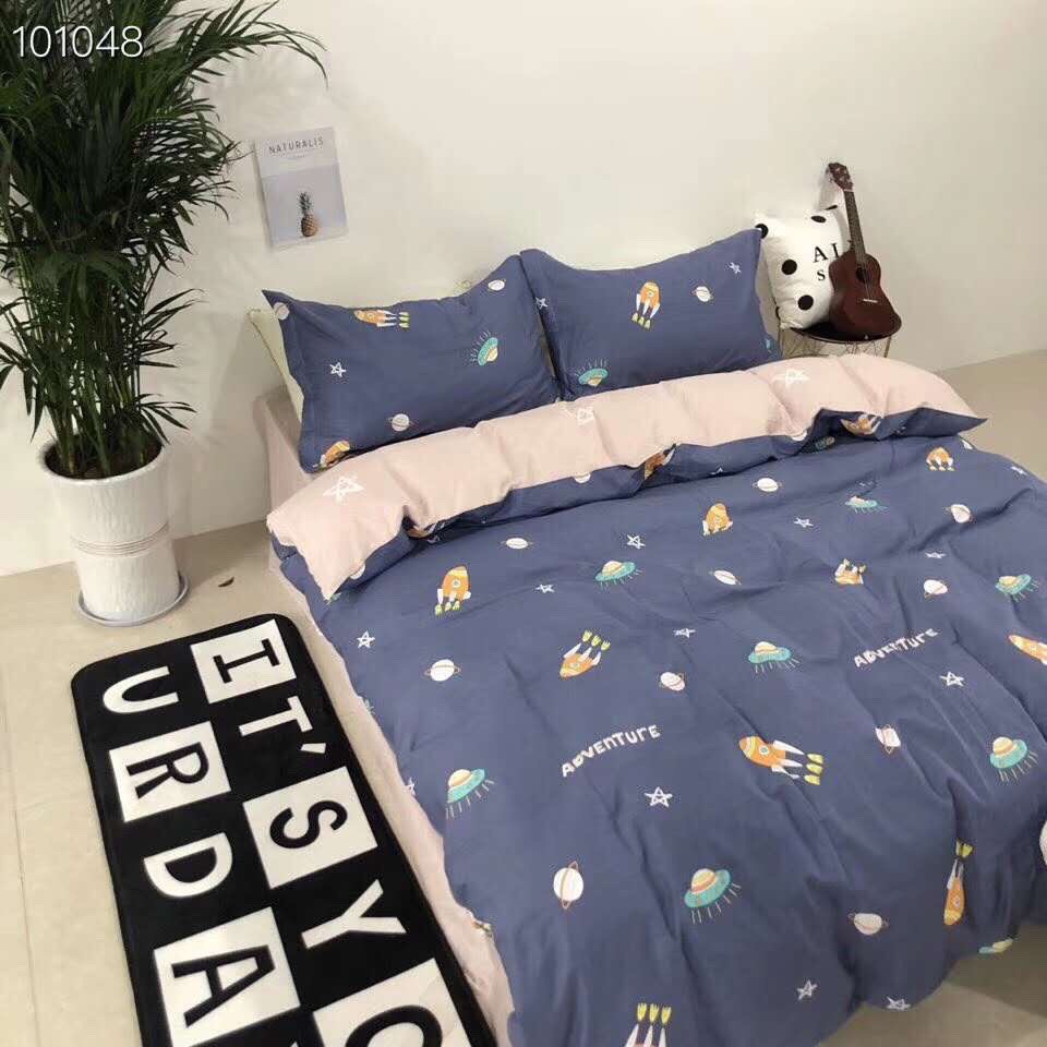 bộ drap và chăn phao vỏ gối cotton demi hàn quốc hình tàu vũ trụ