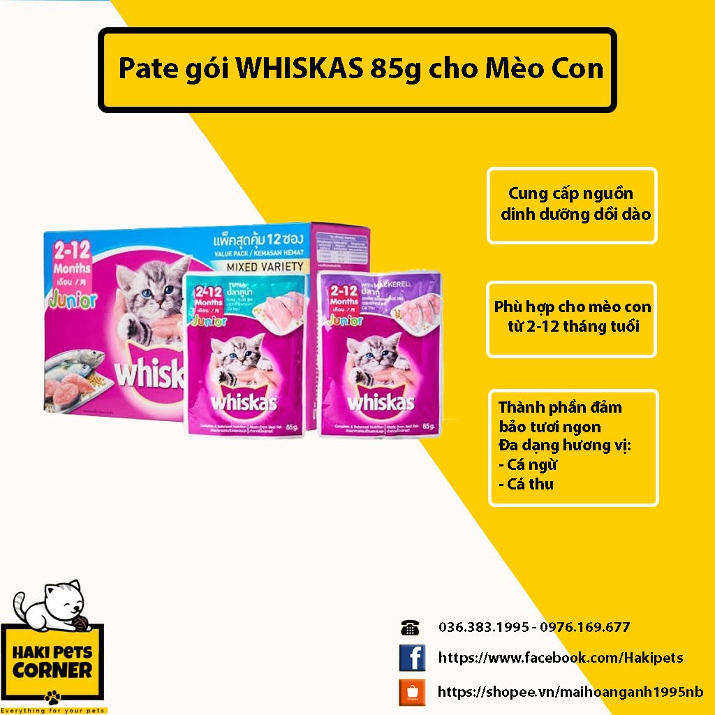 Thức ăn cho mèo, pate cho mèo con Whiskas túi 85g