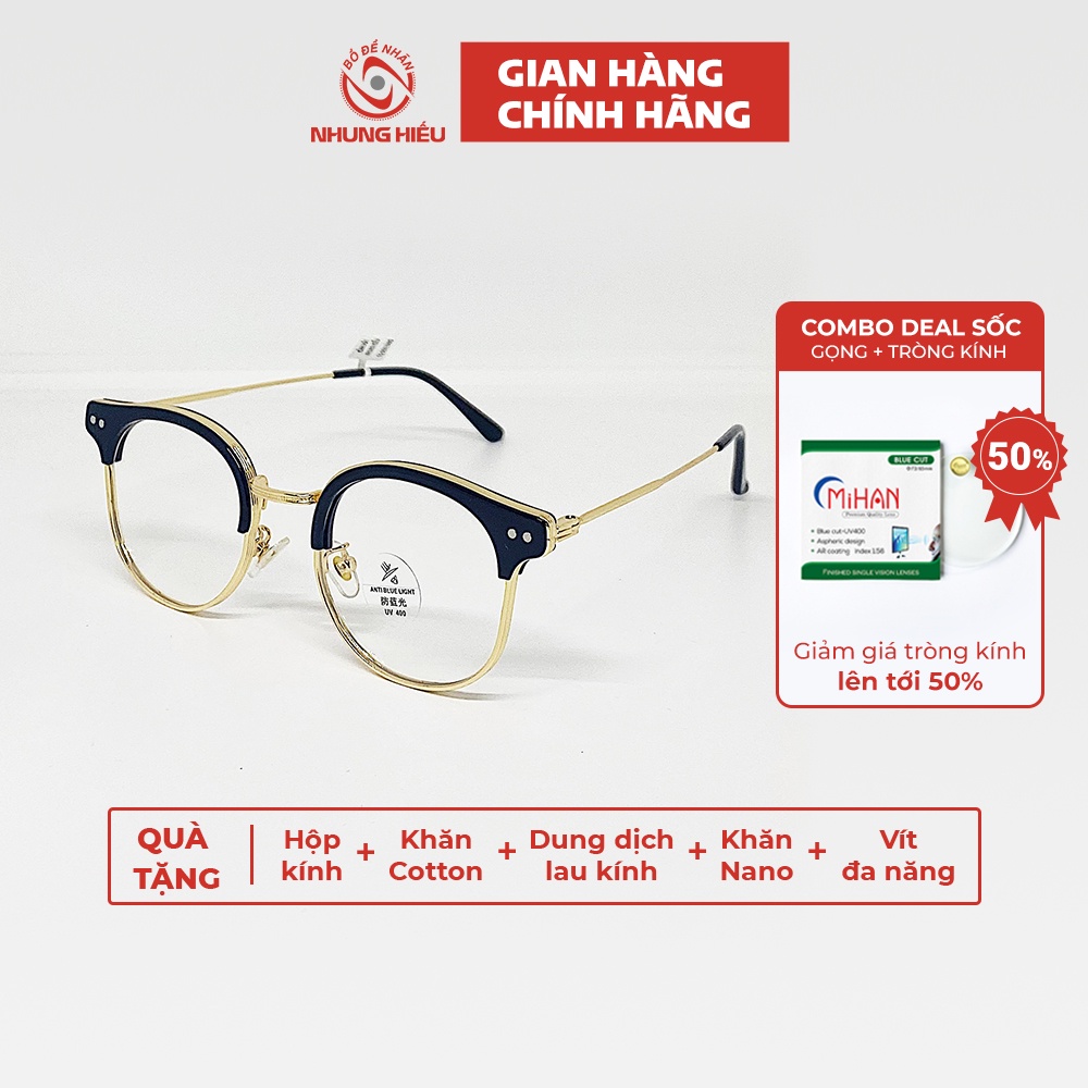 Gọng kính cận nam nữ NHUNG HIẾU Clubmaster dáng tròn hợp kim cao cấp