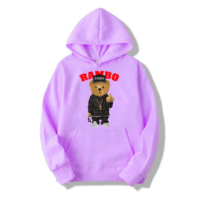 Áo Hoodie Nam Nữ Thu Đông Ấm Áp Chất Nỉ Mềm Mịn Không Nhăn, Không Xù In 3D Hoạt Hình Gấu RAMBO Hàn Quốc