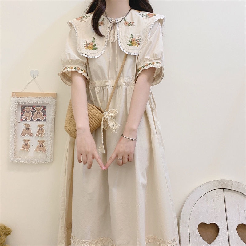 Đầm Nữ Tay Ngắn Thêu Hoa Thời Trang Thanh Lịch