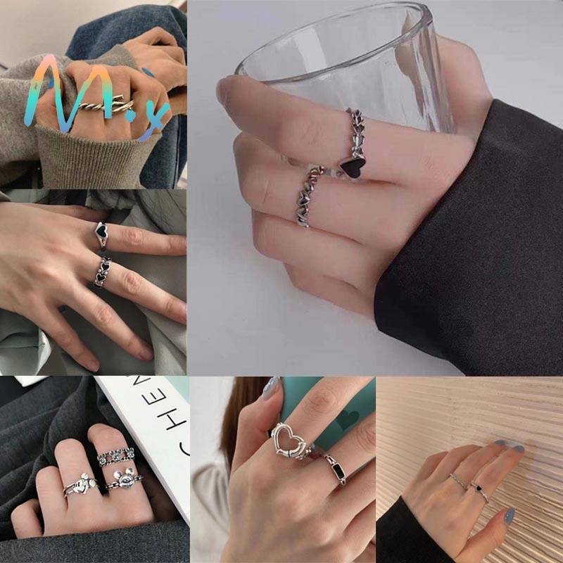 Set 2 nhẫn hợp kim mạ bạc thiết kế trái tim đơn giản thời trang