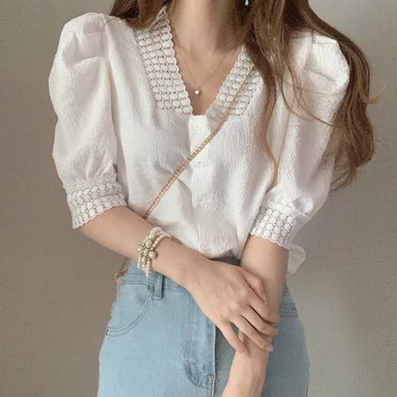 Áo Sơ Mi Nữ Tay Ngắn Cổ Chữ V Phong Cách Hàn Quốc