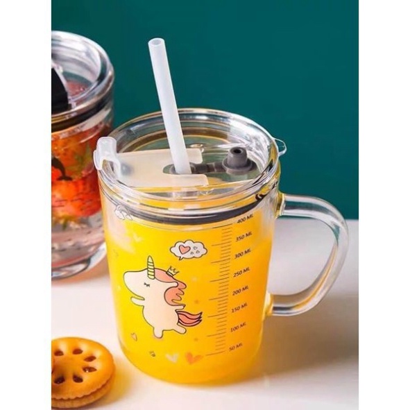 Ly Thủy Tinh Trong Chia Vạch 350ml, Ly Pha Sữa Chia ml, Nắp Chống Tràn, Tiện Lợi, Bền Đẹp, Ống HútSillicon