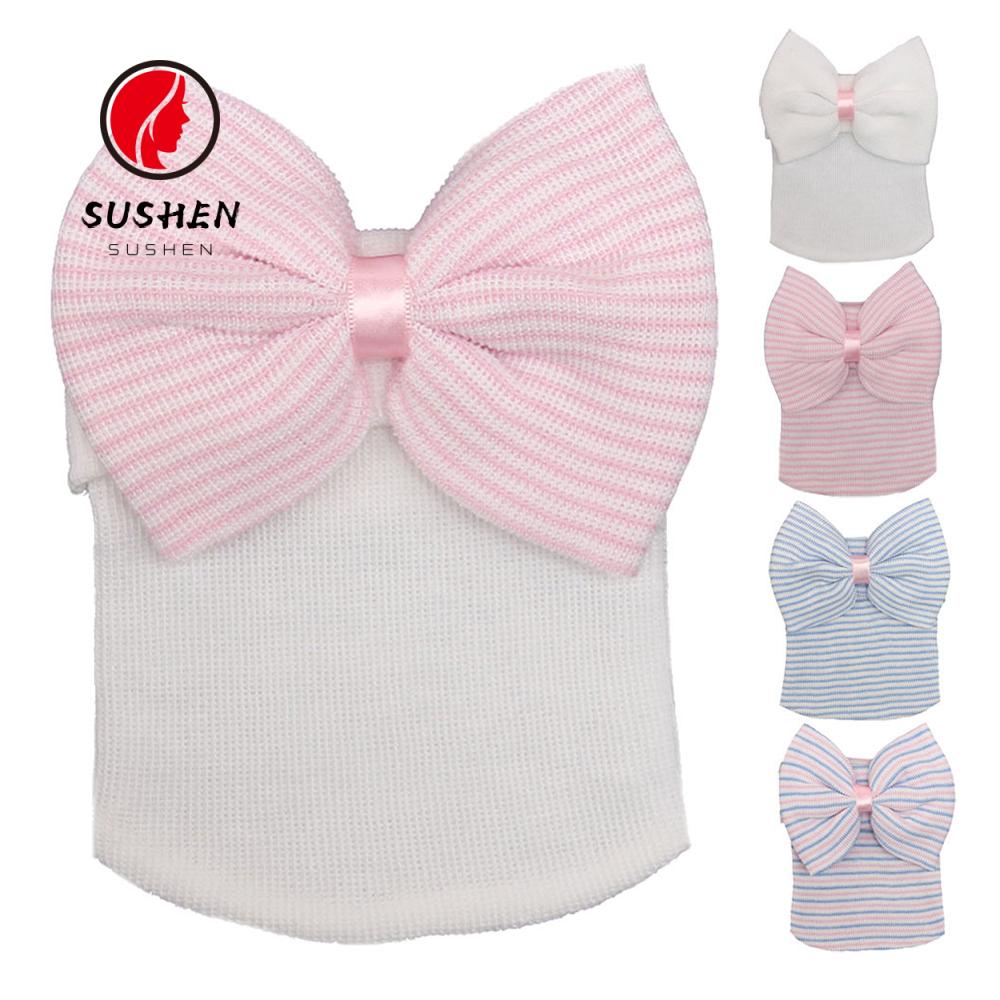 Mũ Trùm Đầu Mềm Mại Họa Tiết Kẻ Sọc Đính Nơ Dễ Thương Cho Bé Gái Sơ Sinh