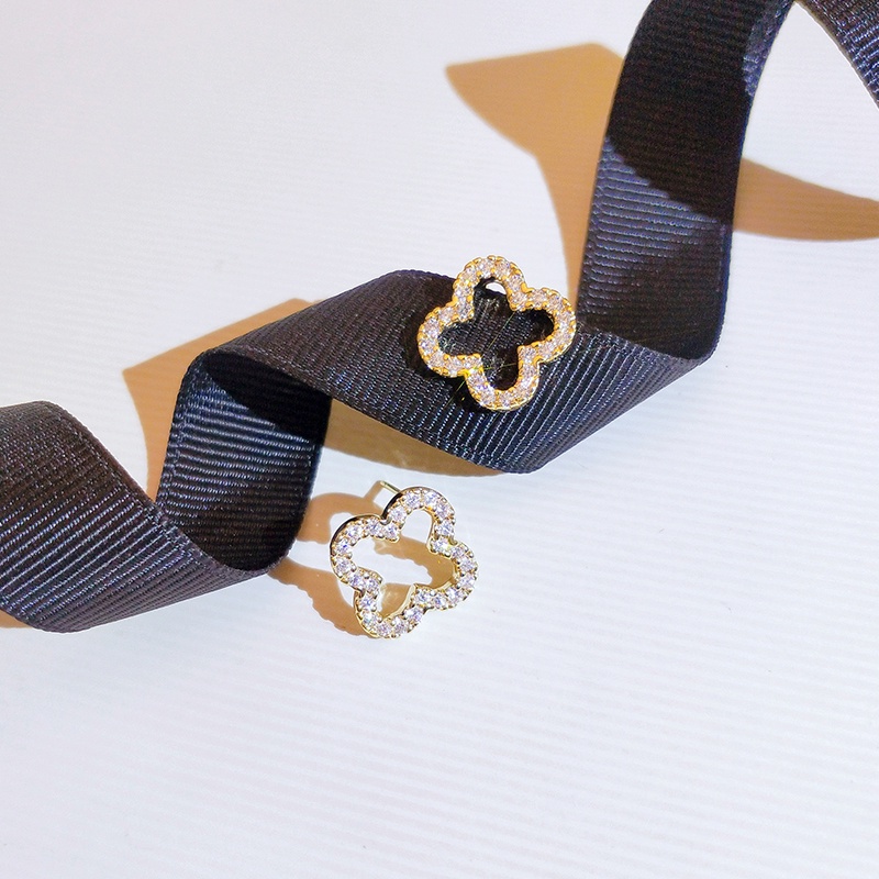 Khuyên tai JIUDUOLAN dạng kẹp/ xỏ kiểu cỏ bốn lá rỗng đính đá nhân tạo toàn diện thời trang Hàn Quốc thanh lịch cho nữ